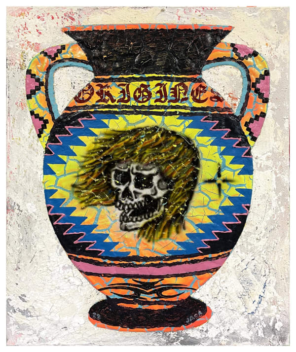 Julien Jaca's painting of a vase with a skull on it