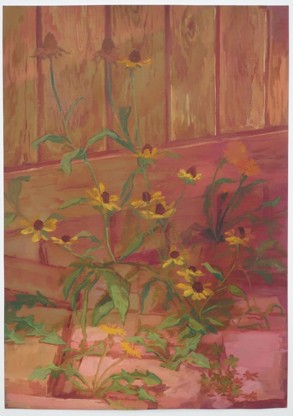 Painting of yellow flower weeds growing out of the cracks in pavement, in the background is a wooden fence.