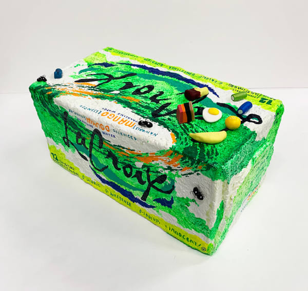 Nic Dyer mixed media sculpture of Mango La Croix, ants and candy on outside