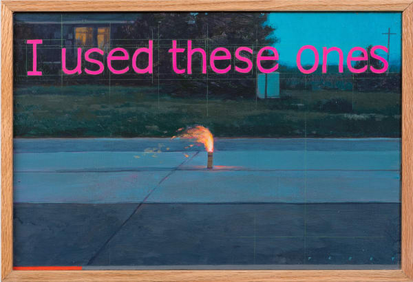Painting of a fire work going off on the sidewalk in front of a house with the words "I used these ones" in big pink letters above