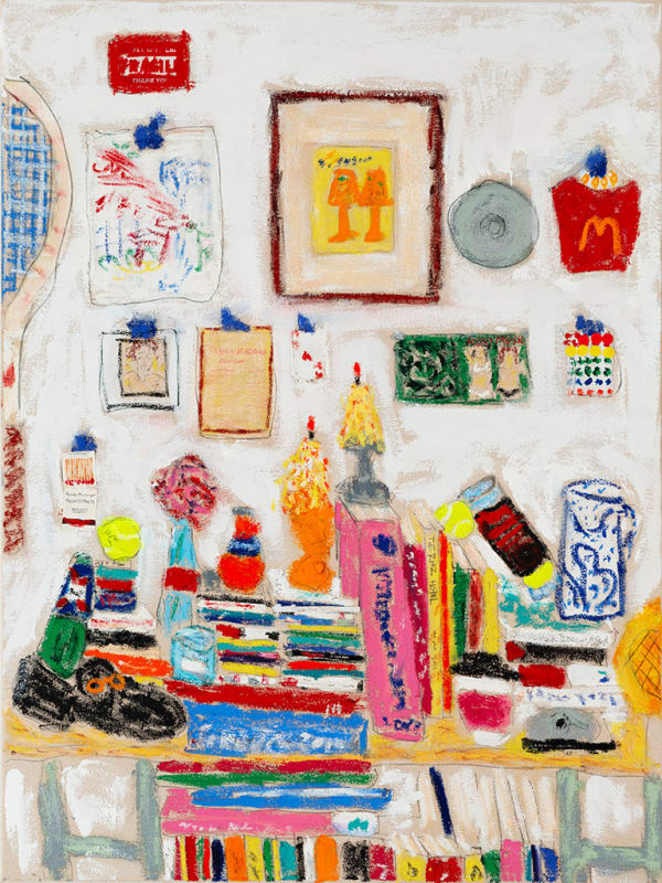 painting by Michael McGregor of colorful studio wall with assorted objects