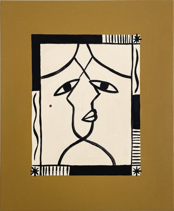 two line drawn faces intersecting each other with a thick darker yellow border around the painting