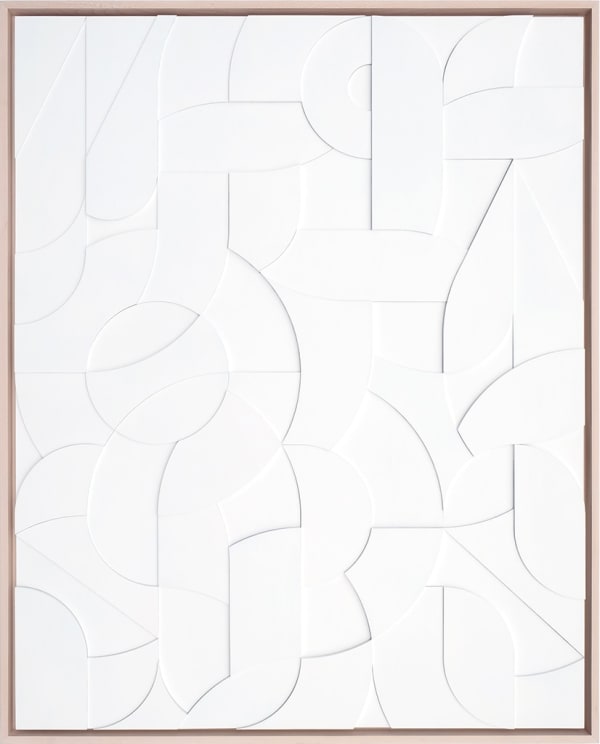 Framed white wood relief sculptural piece made up of spiral shapes and curves by artist Scott Albrecht