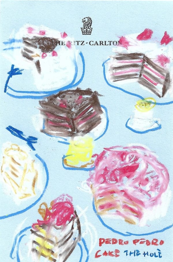 Drawing of several cakes on plates on hotel stationery