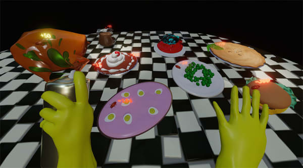 Print of an animated black and white checkered table with food on it