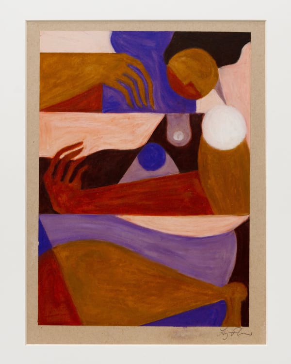 Abstract painting of a woman in brown, pink, purple and white