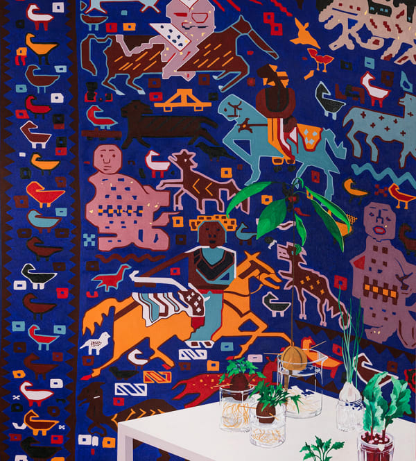Painting of a white table with several plants in short clear jars. Behind the table is a tapestry or rug with several indigenous designs on it depicting people on horses and birds or chickens.