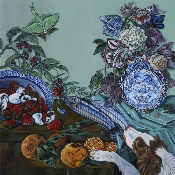 Painting of a a dog grabbing a whole fish from a table that is covered in strawberries, oranges and a giant bouquet of flowers with a moth flying over head.