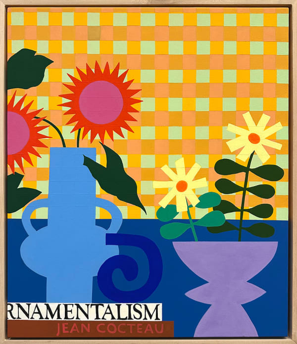 Painting by Mary Finlayson depicting a blue vase with red flowers, a blue coil, and a purple pot containing yellow flowers against an orange and green square pattern