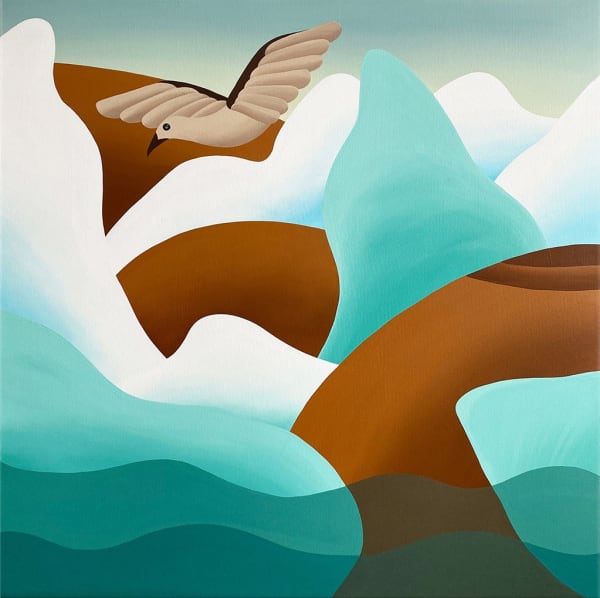 Bianca Nemelc painting of abstracted female figure with glaciers and bird flying overhead