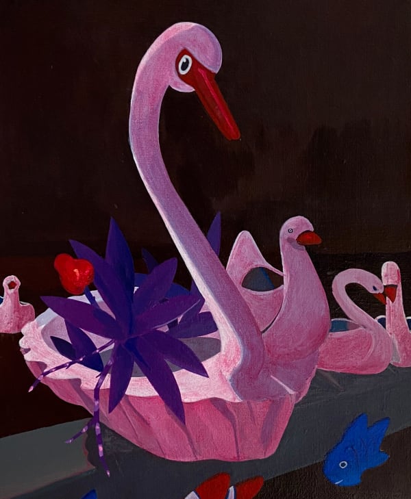 Francisco Diaz Scotto (Pastel) painting of a pink swan vessel holding purple flowers.