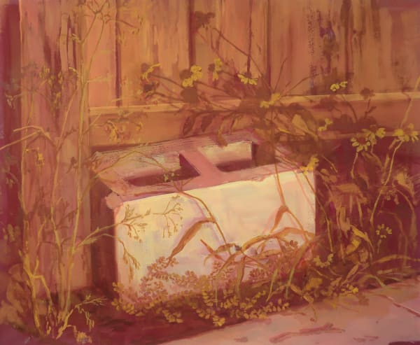 Painting of a cinderblock surrounded by weeds next to a fence near the sidewalk