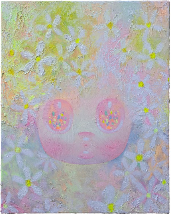 So Youn Lee painting of childlike figure and white flowers in pastel tones, very textured