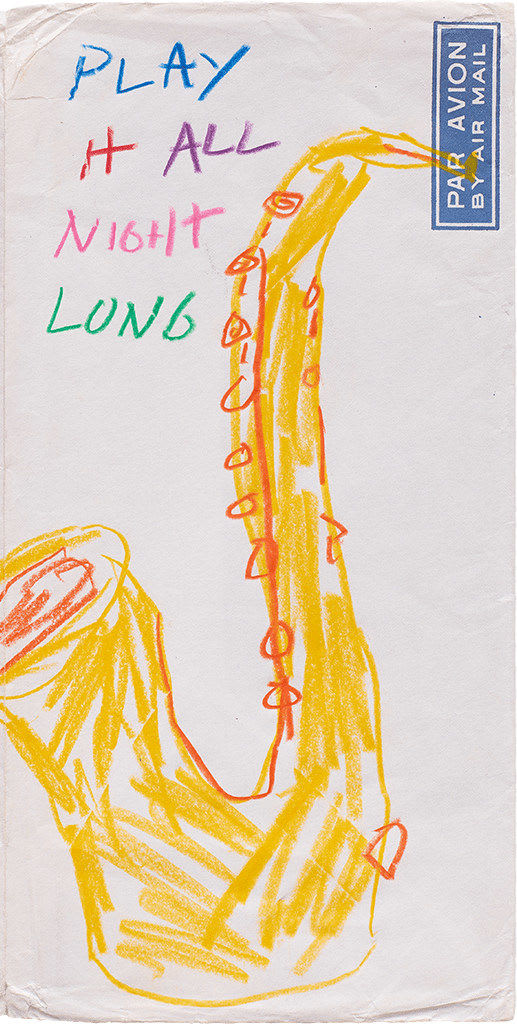 sketch of a saxophone with the text "play it all night long"