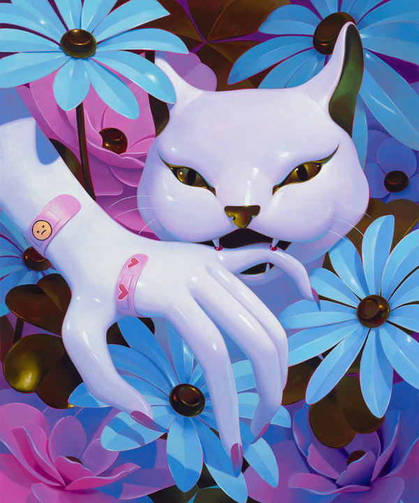 painting of a white cat biting a pale white hand with multiple bandaids, surrounded by blue and pink flowers