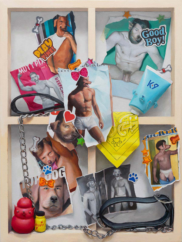 painting of cutouts from an anthropomorphic dog porn magazine and sex toys azine