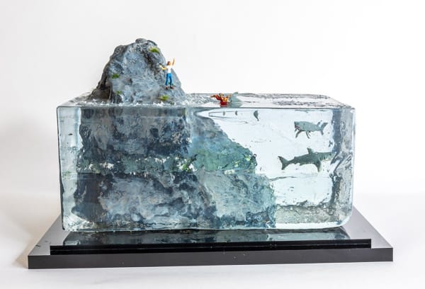 miniature diorama by Abigail Goldman of a shark attacking a person