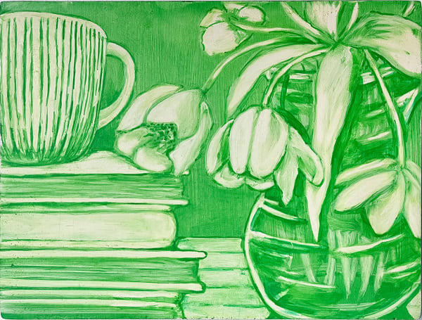 Grace Tobin painting in green tones. Flowers in vase and stack of books with coffee mug on top