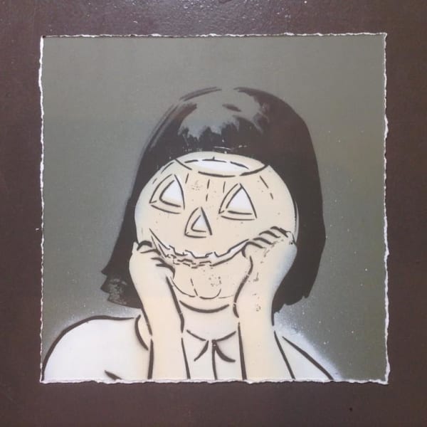 Amanda Marie painting of girl holding jack-o-lantern over face