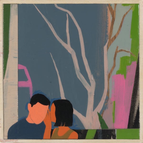 a woman with no face speaking into the ear of a man with no face in a forest