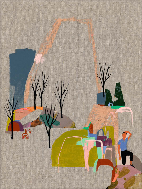 Seonna Hong "Chronometry" – abstract landscape with small figures and trees in foreground
