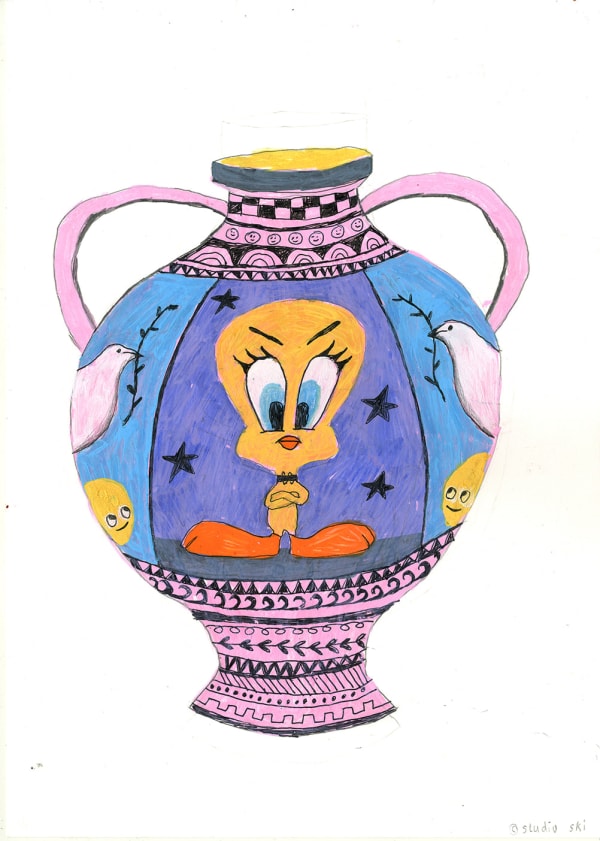 Studio Ski- vases with a cartoon bird on front in yellow