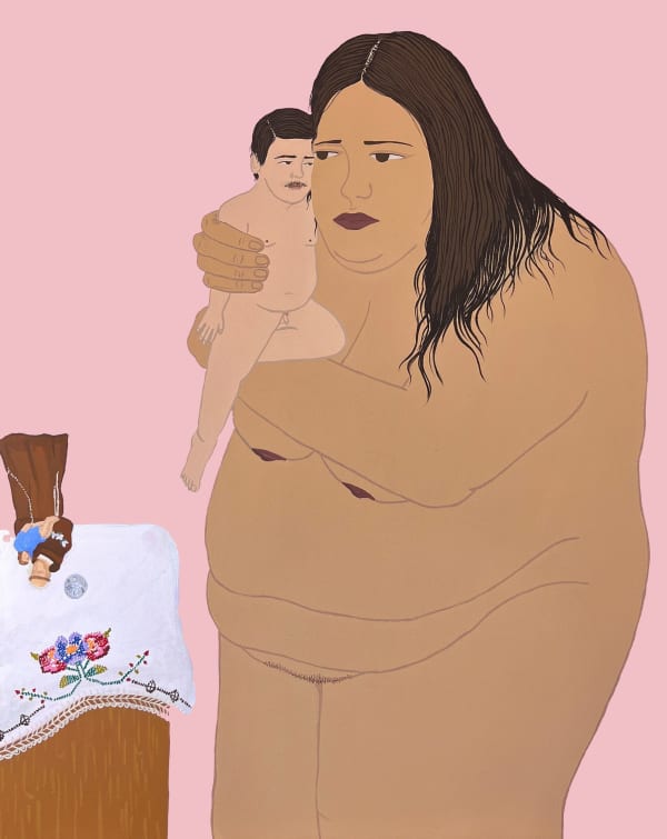 painting of a large, nude, brown woman with brown hair loosely covering her shoulder holding a smaller, paler nude man with a mustache against her chest and face. Besides them is a table, with an embroidered cloth along the top and an upside down religious statue by Gina M. Contreras