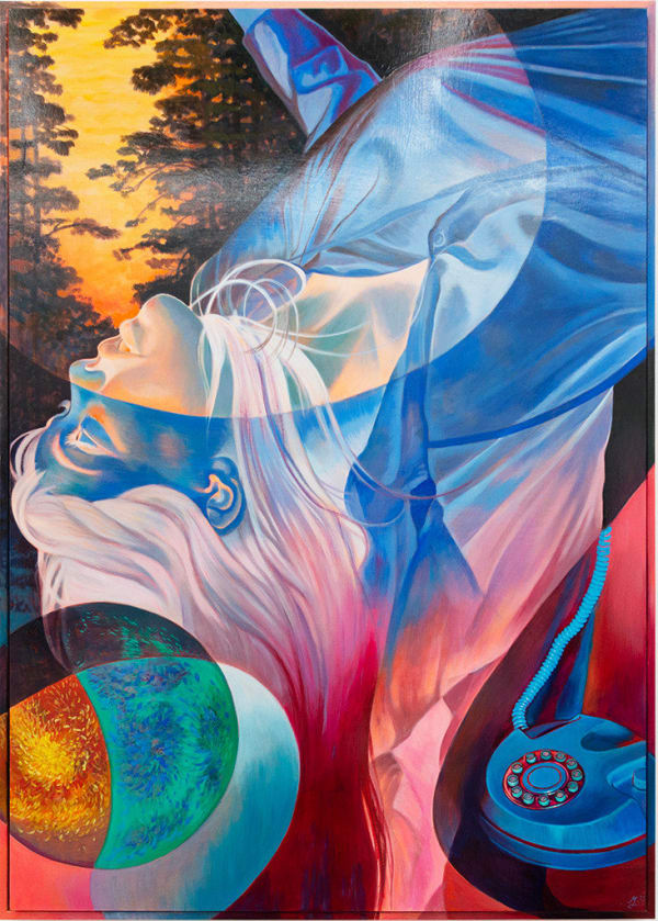 Painting of a ghost like figure floating amongst trees and a planet