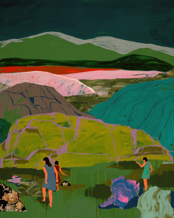 three woman walking through hilly terrain below a dark sky