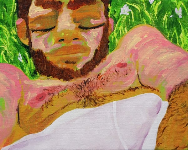 Jean-Paul Mallozzi painting of man laying on grass shirtless in white shorts. Eyes closed
