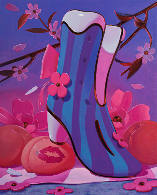 Megan Ellen MacDonald "Pressure to Perform" oil painting of blue striped boot resting on peach with lipstick kiss