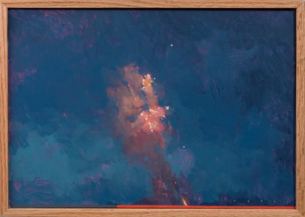 Painting of a firework going off in the sky with smoke surrounding the pink light