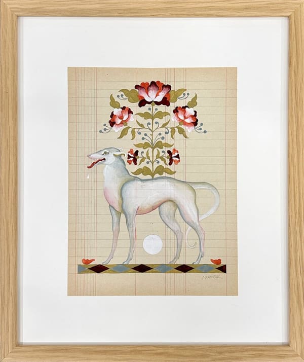 framed watercolor and gouache painting by artist Lou Benesch depicting a narrow, elongated white dog, and a red flower on antique paper