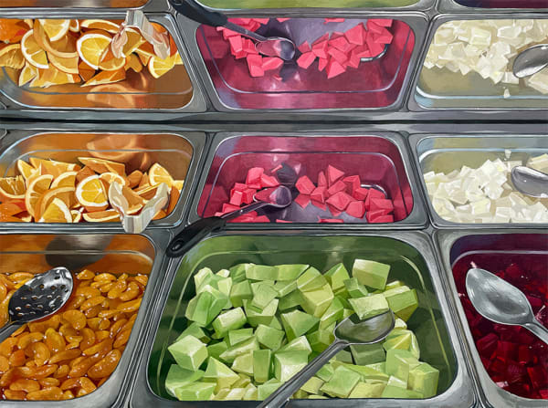 Painting of a buffet counter full of different foods in metal tins.