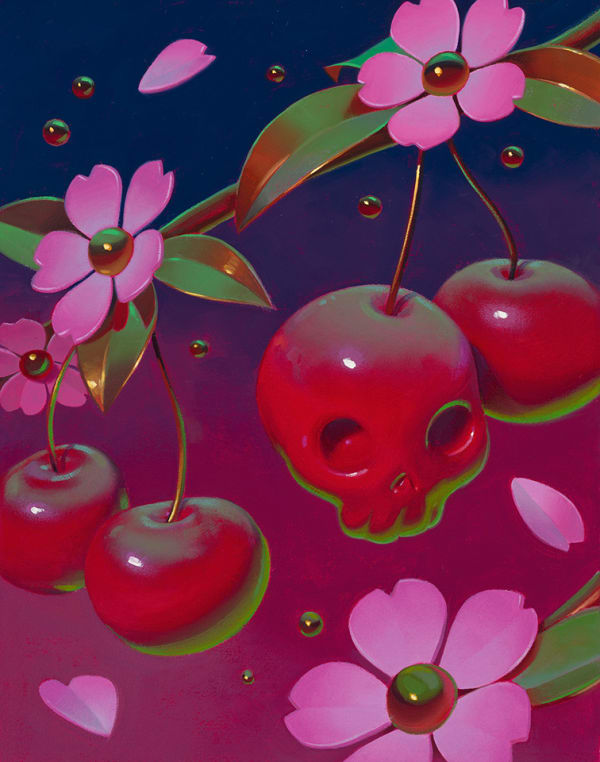 Megan Ellen MacDonald "Choke Cherry 1" painting of cherry and skull surrounded by flowers,