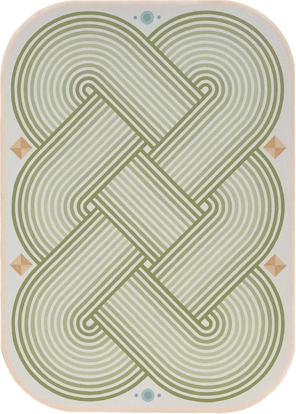 Sofia Shu - painting of olive green geometric round and lines overlaying one another almost like a flat knot.