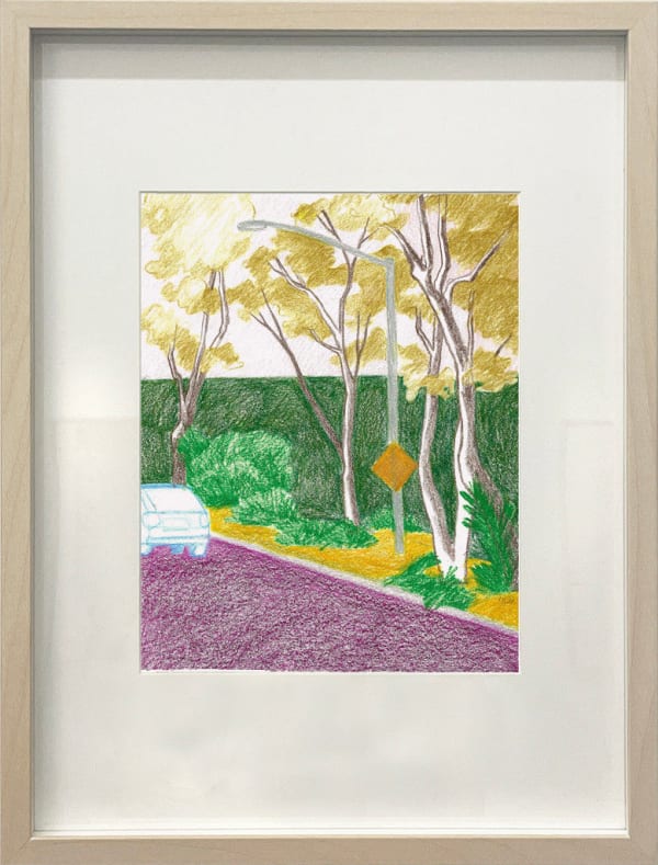 framed drawing - sketch or a purple road with trees along the side