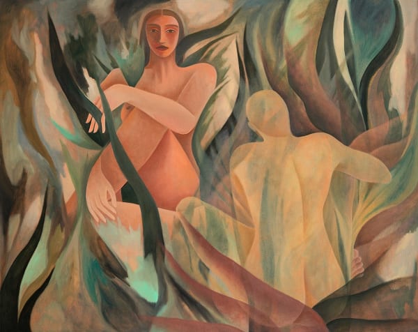 Laura Berger painting in earth tones of two figures (one facing viewer, the other back turned) amongst leaves