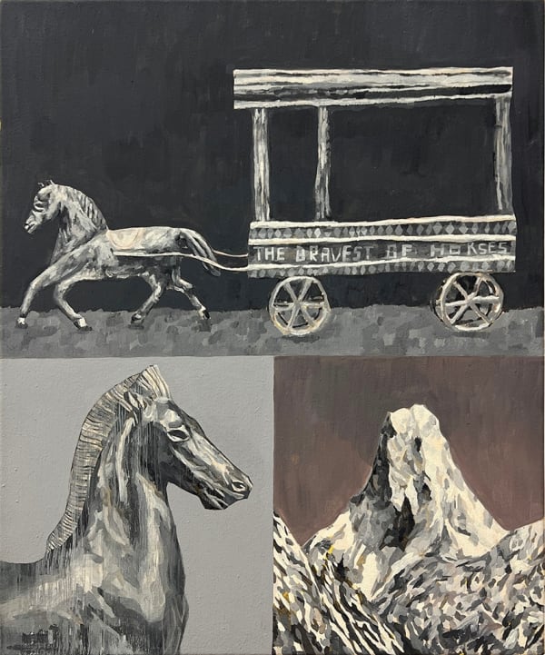 grey painting divided into three sections depicting two horses and a mountain peak