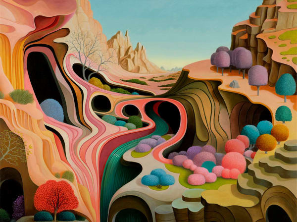 Painting of a colorful landscape with winding roads and caves