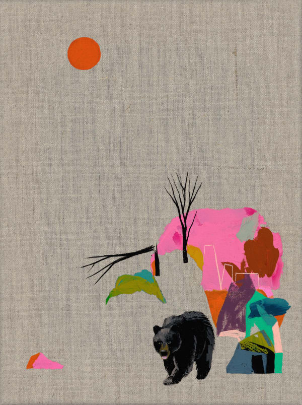 Seonna Hong "Late Bloomer" - abstract landscape with small bear figure and trees in foreground, orange sun in sky