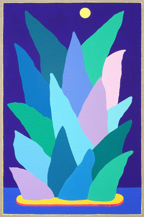 colorful cool-toned painting of a floating bamboo island at night by CHIAOZZA