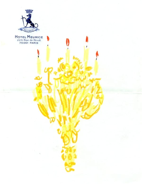 drawing by Michael McGregor of gold chandelier on Hotel Meurice stationary