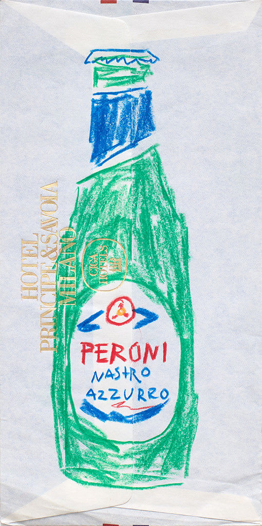 Drawing of a bottle of Peroni on an envelope