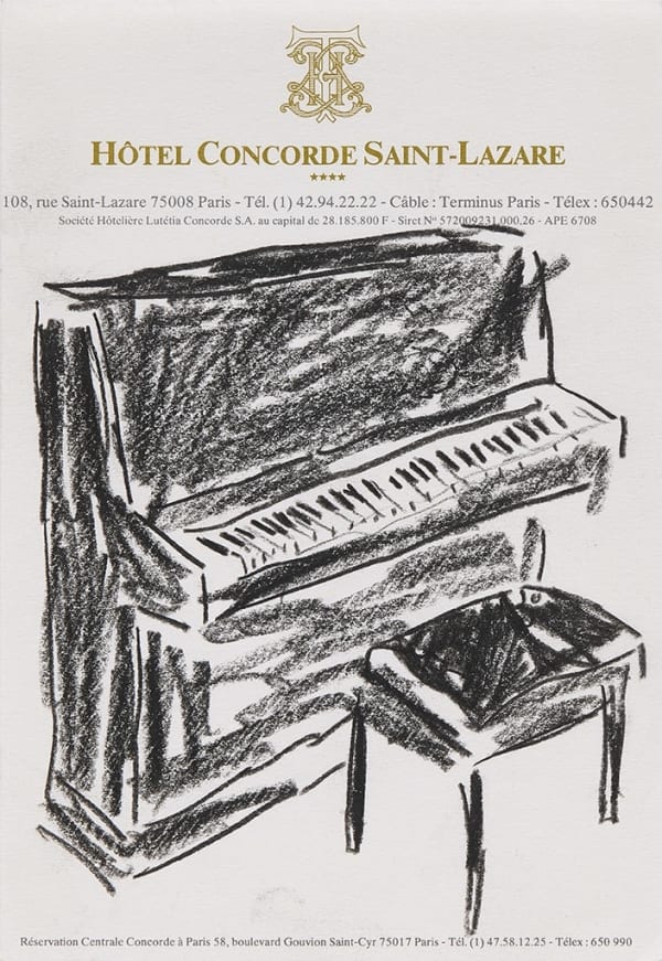 Drawing of a black piano on hotel stationery