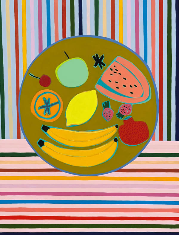 One dimensional painting of a bowl of fruit, featuring two bananas, a lemon, a cherry, two strawberries, a half of a watermelon, an orange and a pomegranate in a brown bowl with a colorful striped background.