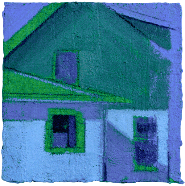 painting of a house in blue, green, and periwinkle palette