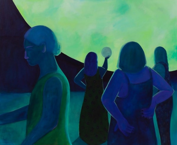 Genevieve Cohn painting of women standing in tones of blues and greens, looking up at moon with backs to viewer. One woman looking off to side
