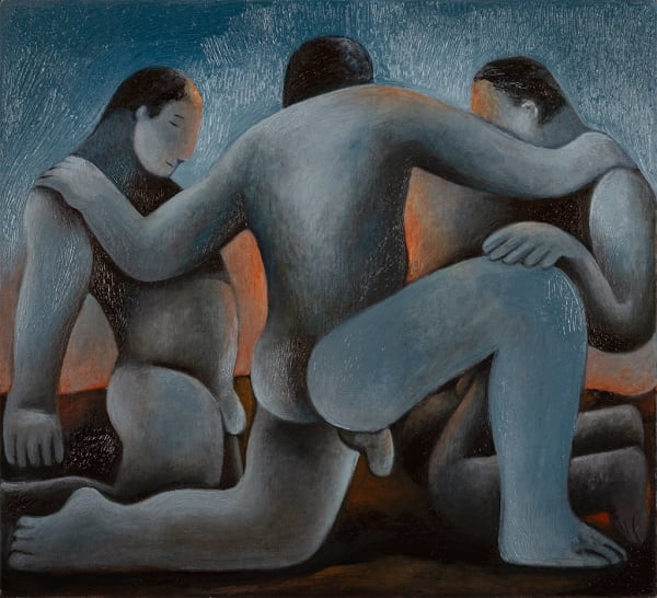 painting of three men kneeling huddled together
