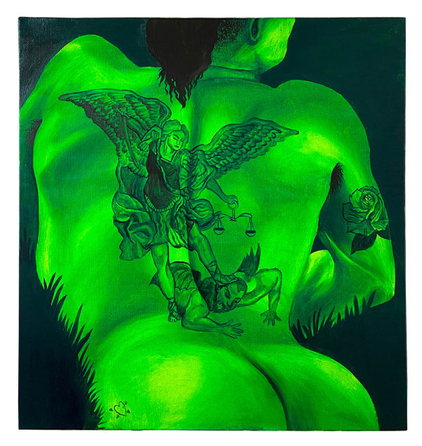 Painting of a persons naked back with a large tattoo of an angel holding someone down with their foot and a rose tattoo on the back of their arm. The person is painted in bright green and black